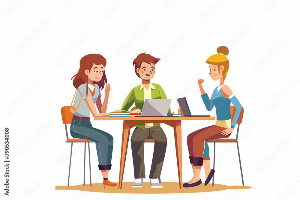 Diverse office team brainstorms at table. Teamwork, collaboration, ideas. Flat vector illustration.