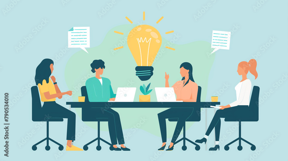 Diverse office team brainstorms at table. Teamwork, collaboration, ideas. Flat vector illustration. Diverse office team brainstorms at table. Teamwork, collaboration, ideas. Flat vector illustration.
