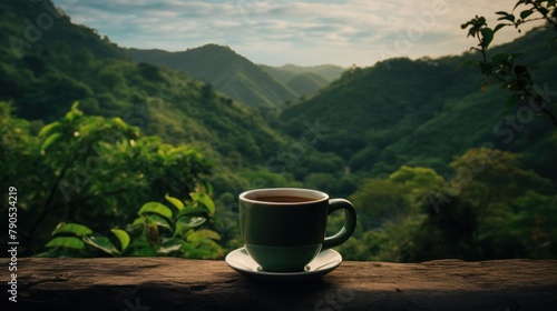 coffee cup against the verdant landscape of beautiful mountains, coffee cup on wooden table