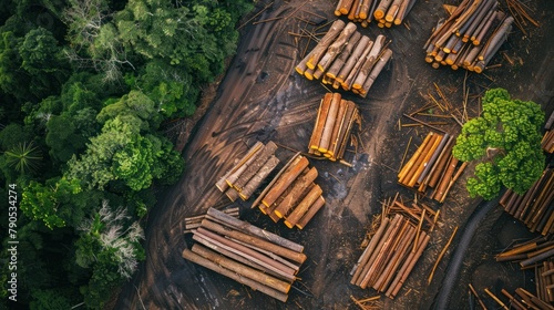 Drone view, deforestation, logs in the forest that have been cut, environmental problems photo
