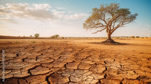 A lone, parched tree sprawls across the arid desert landscape photo