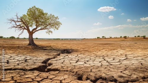 A lone, parched tree sprawls across the arid desert landscape