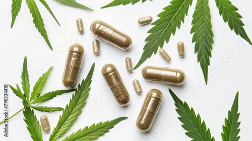 Pills and cannabis leaves close-up
