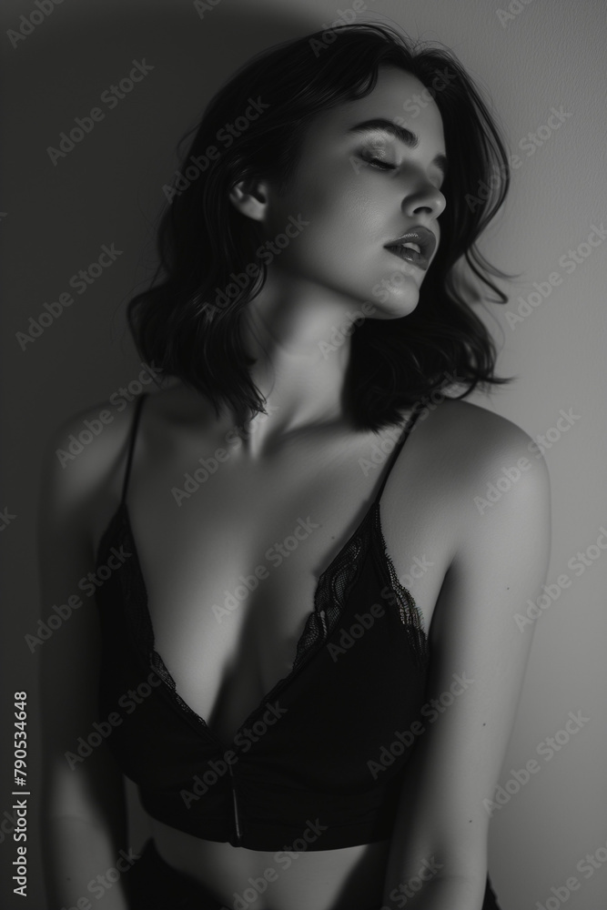 In a black and white photograph, a woman with her eyes closed showcases full, luscious lips while wearing black lingerie. In a black and white photograph, a woman with her eyes closed showcases full, luscious lips while wearing black lingerie.