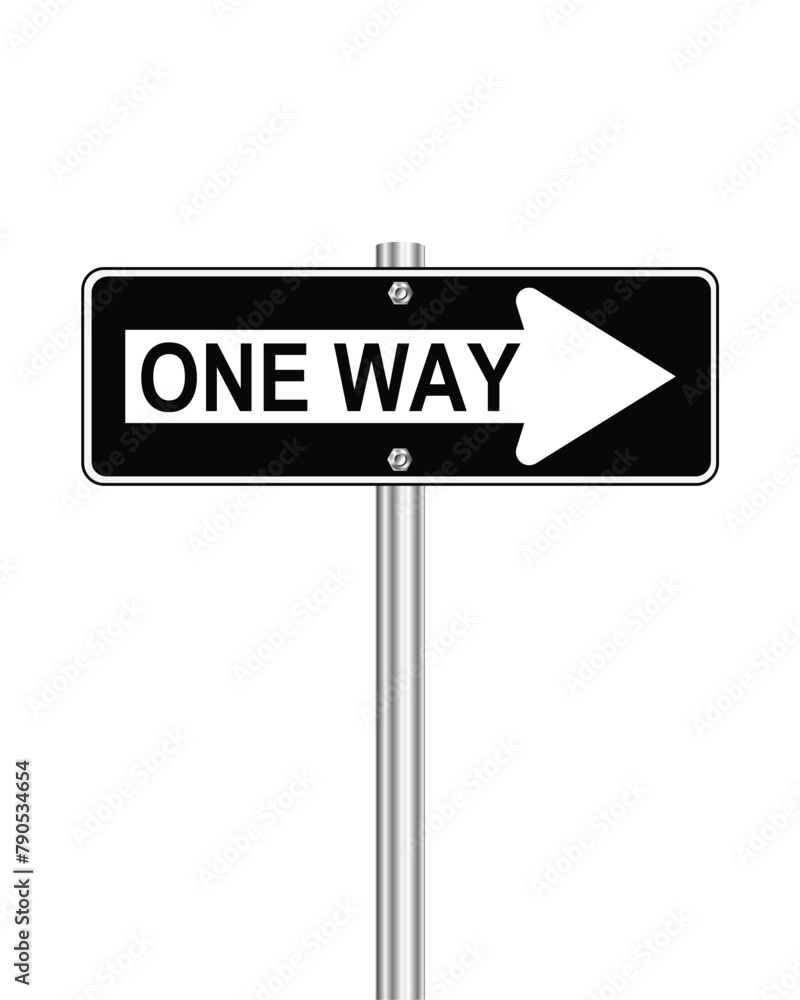Traffic road sign One way to the right only on white Traffic road sign One way to the right only on white