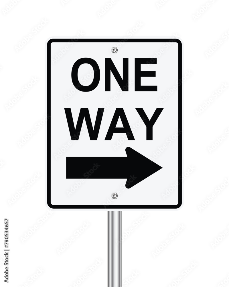 Traffic road sign ONE WAY TO THE RIGHT on white Traffic road sign ONE WAY TO THE RIGHT on white