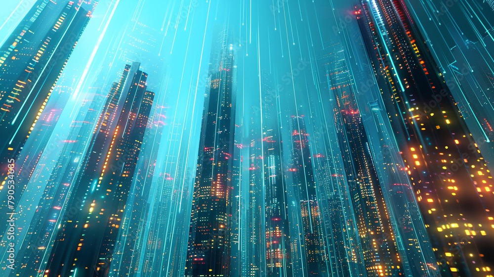 Futuristic cityscape with digital skyscrapers made of light and data, illustrating the urban landscape of a fully connected, smart city.
