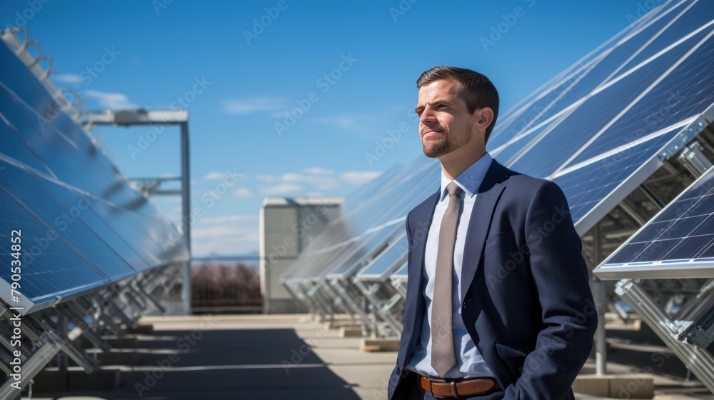 Handsome young businessman in a suit standing at a field of solar panels, business with renewable energy Handsome young businessman in a suit standing at a field of solar panels, business with renewable energy