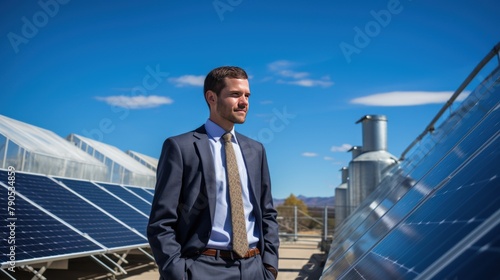 Handsome young businessman in a suit standing at a field of solar panels, business with renewable energy