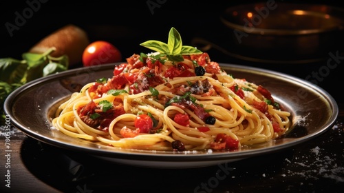 A classic Italian dish, spaghetti with a simple tomato sauce and fresh green basil leaves