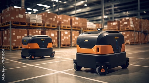 Robots working at warehouse, using robots instead of workers photo