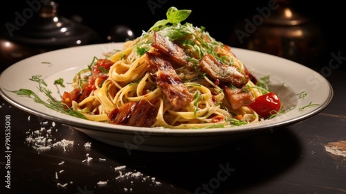 A classic Italian dish, spaghetti with a simple tomato sauce and fresh green basil leaves