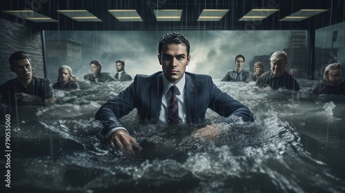Businessman drowning in flood, businessman with recession, business failure concept