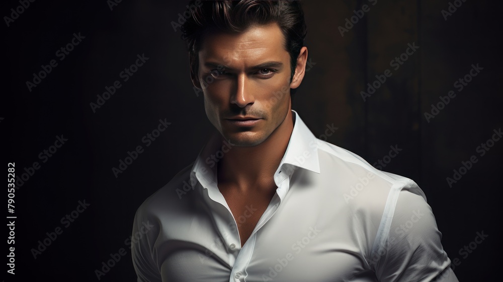 Confident businessman in black shirt poses for a portrait, exuding coolness and style in a studio setting