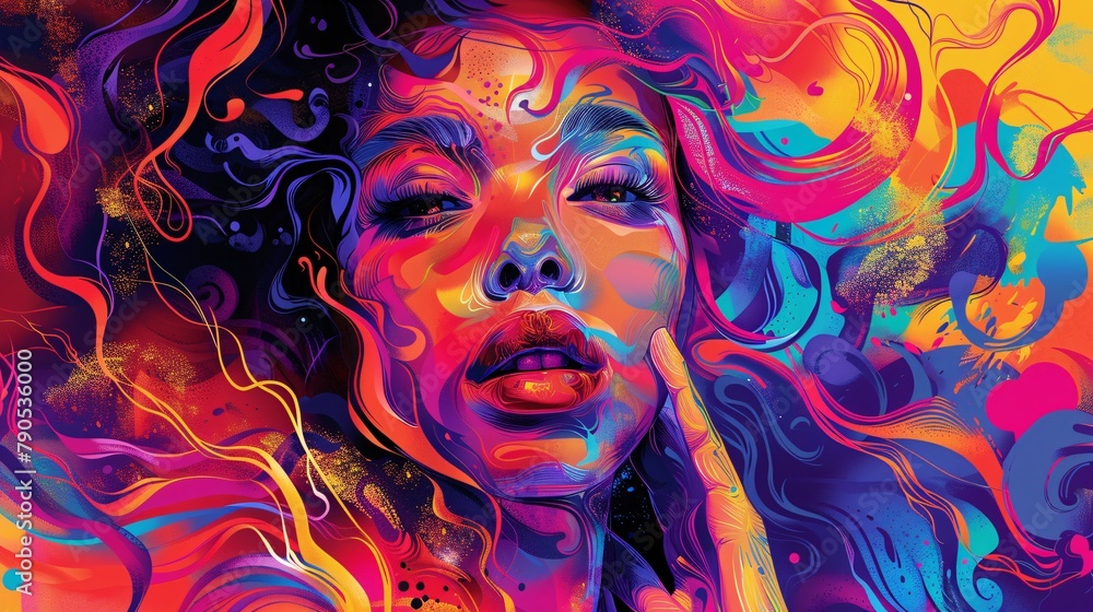 a vibrant digital artwork of a woman portrait for a captivating popup poster. Emphasize colorful tones and intricate details in the illustration