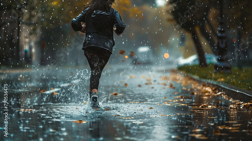 Girl of woman running in rainy weather - detail photo