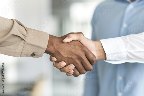 Two professionals in a firm handshake, representing a successful agreement or partnership.