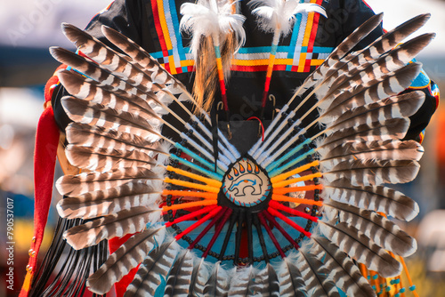 An Indigenous dancer displays elaborate powwow regalia featuring a large circular feather bustle