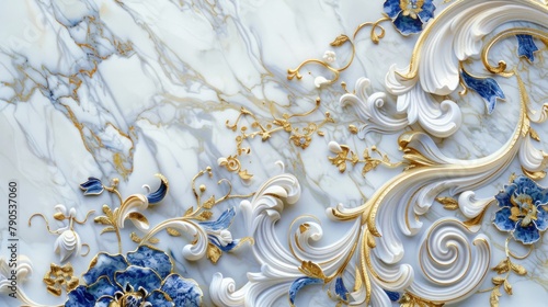 poem inspired by the mesmerizing beauty of marble carvings adorned with DMT visual flourishes, accentuated by ornate blue and gold details against a pristine white background  