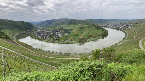 Moselschleife bei Kröv / Wolf an der Mosel aus den Weinbergen gesehen im Frühling / April photo