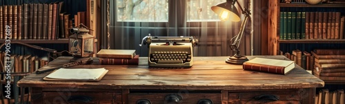 Typewriter sitting on a desk in a library. Banner