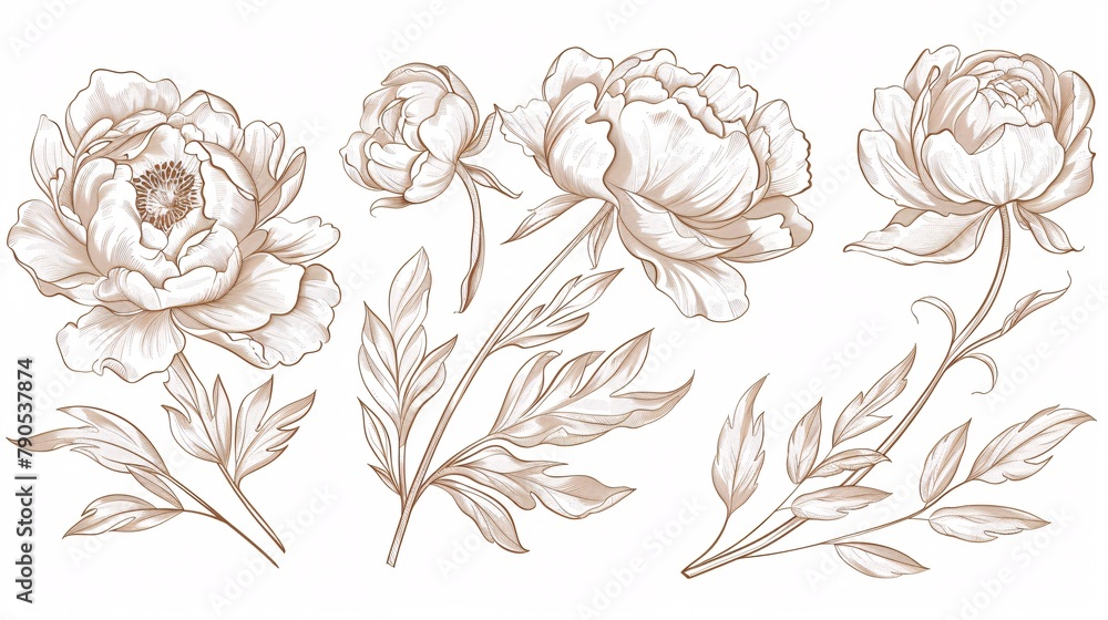 Collection of high-end peony blooms and emblem. Stylish plant motifs. Hand-drawn linear foliage and blossoms. Sophisticated meadow flowers for event invitation or reminder. Fashionable flora. Collection of high-end peony blooms and emblem. Stylish plant motifs. Hand-drawn linear foliage and blossoms. Sophisticated meadow flowers for event invitation or reminder. Fashionable flora.