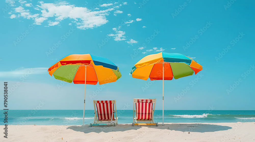 Two empty seats under a multicolored rainbow umbrella stand on a sandy beach against the background of beautiful blue sea. Generative AI