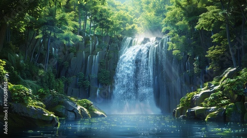 A beautiful waterfall in a lush green forest.