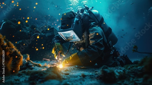 Underwater welders working at Sparks turn on lights on the seabed to repair submerged structures. Underwater welding by professional divers photo