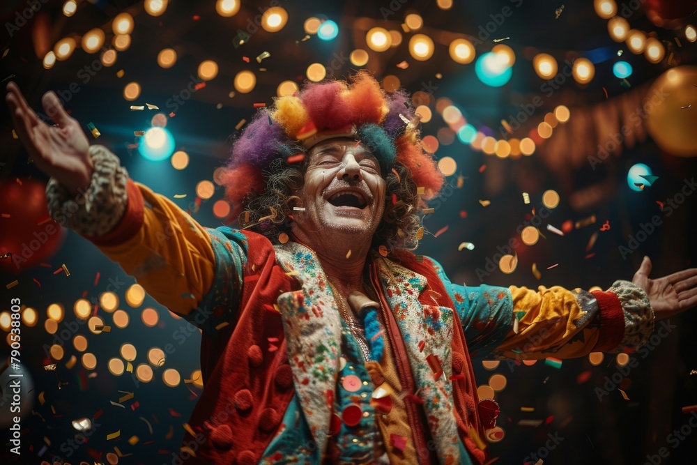 A vibrant clown performing under a canopy of lights, radiating joy and entertainment. A vibrant clown performing under a canopy of lights, radiating joy and entertainment.