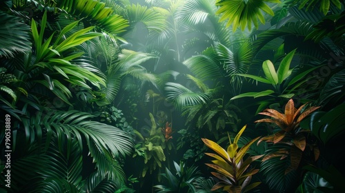 A lush tropical jungle scene with green foliage and plants