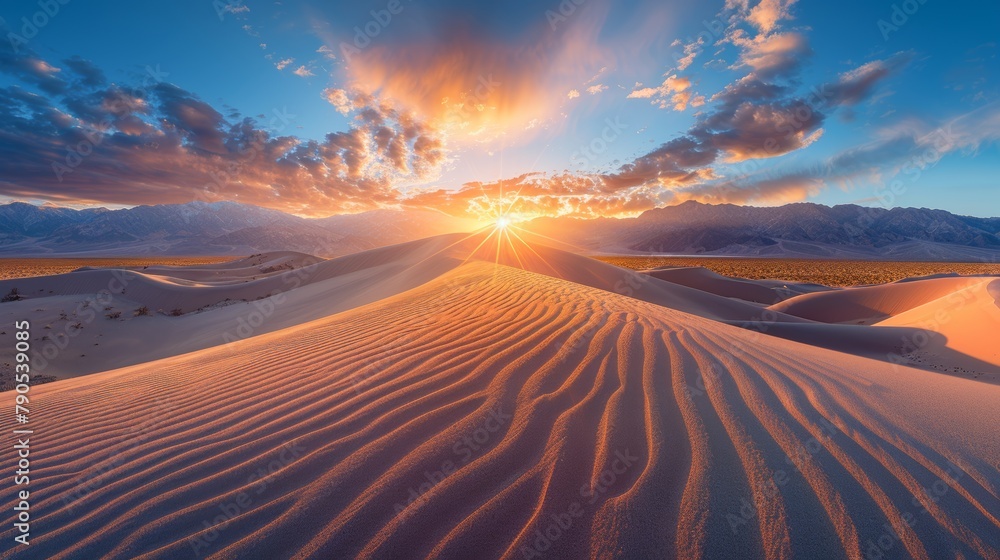 A vast desert landscape with rolling sand dunes under a setting sun A vast desert landscape with rolling sand dunes under a setting sun