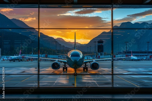 Commercial airplane at the gate during a stunning sunset with mountainous backdrop.