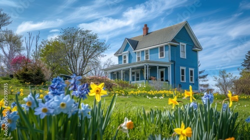 realistic high-resolution photo of a beautiful backyard of a colonial blue house with yellow daffodils and purple wildflowers and blue skies 
