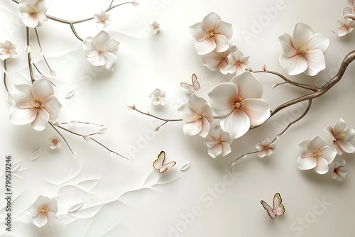 3d mural wallpaper design with render flower and tree branch . butterfly and white background . Suitable for use as a frame on walls .