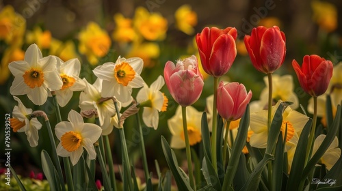 Realistic Professional Photograph  a harmonious blend of tulips and daffodils in a meticulously planned garden in Macomb  