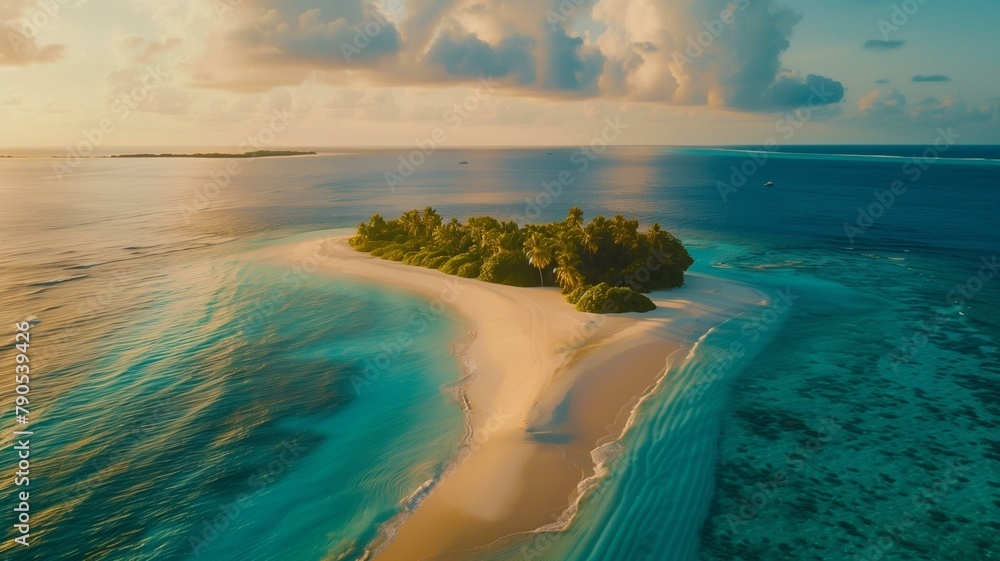 Obraz premium Amidst the serene expanse of the Maldivian archipelago, lies a pristine sandy beach kissed by the gentle embrace of turquoise waves.