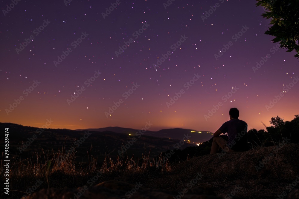 Man Contemplating Starry Sky at Twilight Man Contemplating Starry Sky at Twilight
