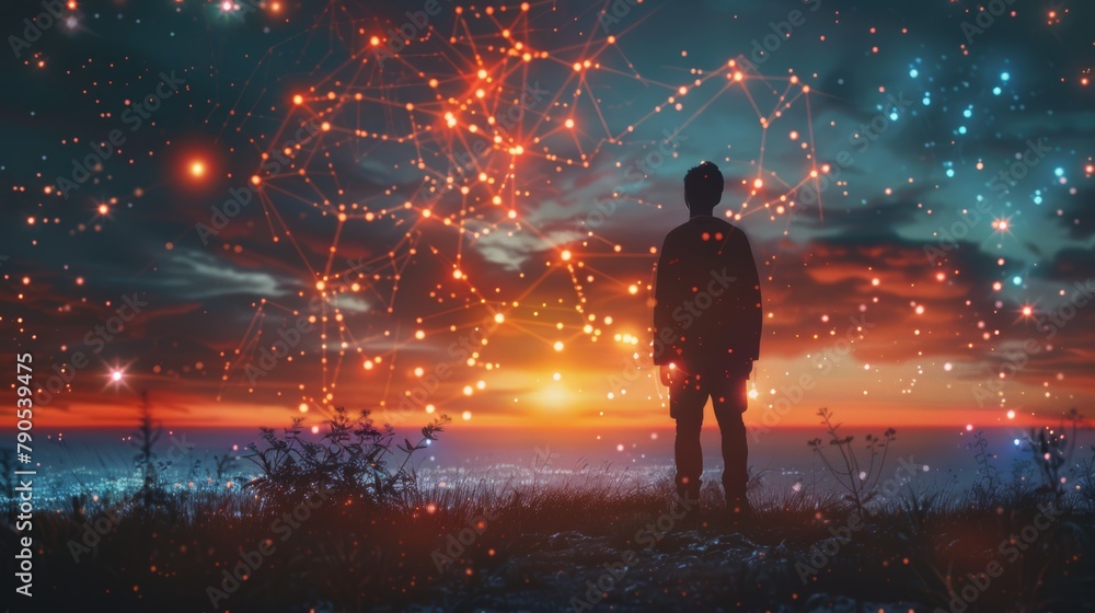 Fototapeta premium boy standing on the hill watching the sunset over the city. The sky is full of stars and the boy is surrounded by a field of flowers.