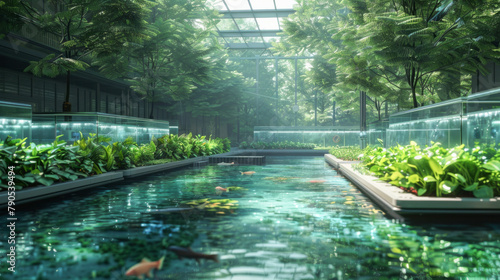 In a glass-walled aquaponics system, fish swim in clear water as plants thrive above, united by eco-friendly, modern farming technology.. © 18042011