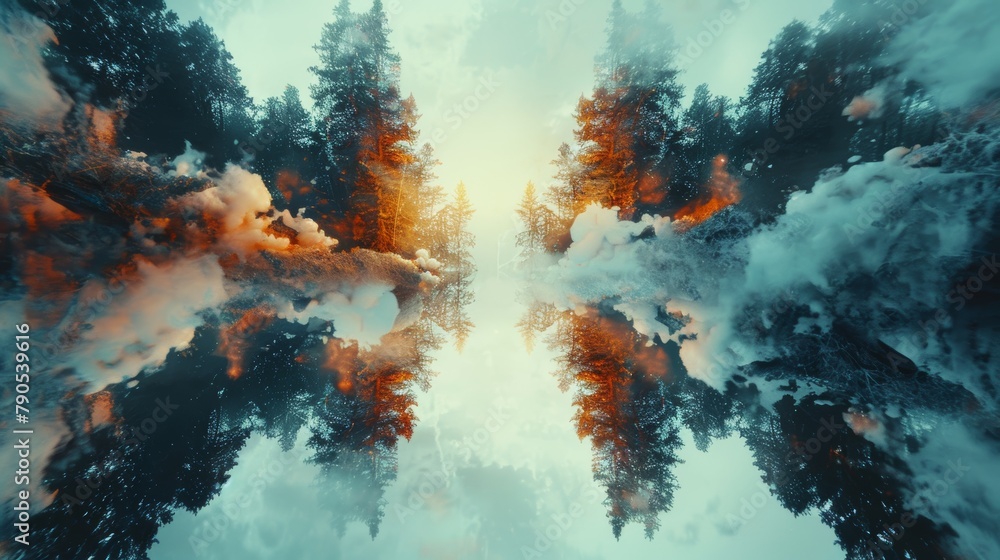 Mystical foggy forest with blue and orange colors.