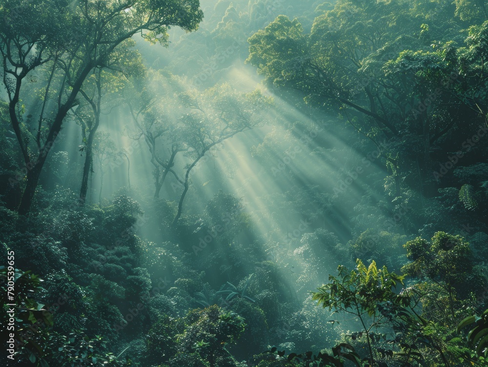 Sun rays shining through the misty forest Sun rays shining through the misty forest