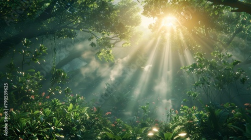 Mystical sun rays shine through the jungle canopy © Nattanon