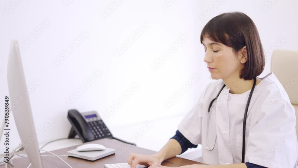 Doctor using computer sitting on a desk in a clinic Doctor using computer sitting on a desk in a clinic