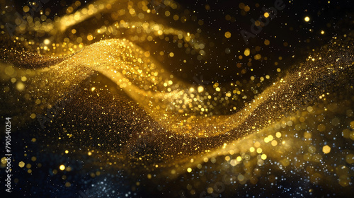 A golden sparkling abstract background, where fine gold dust swirls in a mesmerizing dance, set against a pitch-black canvas, mimicking the night sky.