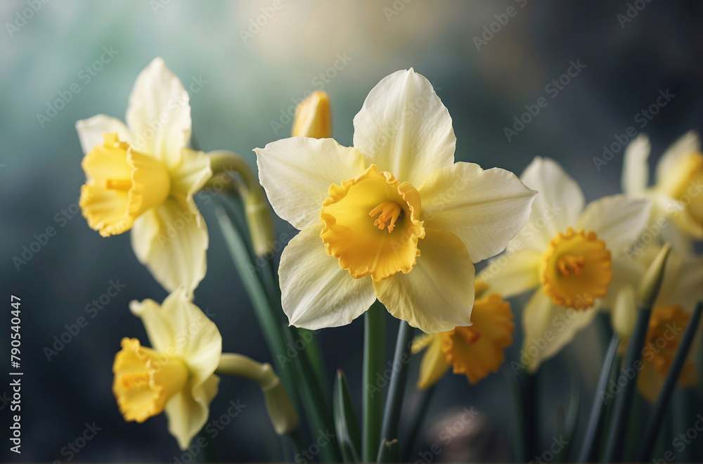 Daffodil flowers against a softly blurred backdrop with copy space. spring and fresh summer vibe wallpaper Daffodil flowers against a softly blurred backdrop with copy space. spring and fresh summer vibe wallpaper