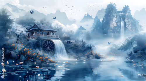 Floral Energy: Blue Butterflies and Hydroelectric Water Wheel in Watercolor Scene photo