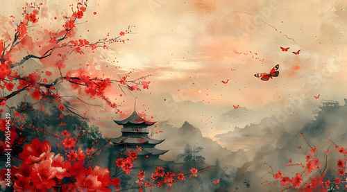 Samurai Serenade: Butterflies and Flowers in Feudal Japan Watercolor
