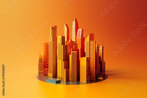   A 3D logo for a construction company  showcasing a city skyline with warm colors that evoke a sense of progress and development.