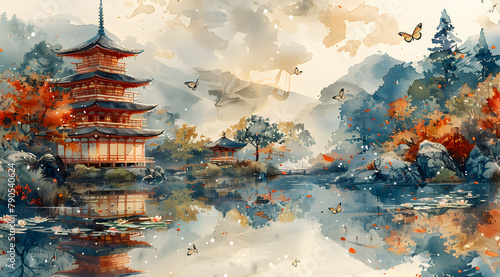 Pagoda Palette: Butterflies and Flowers Amidst Feudal Japanese Landscape photo